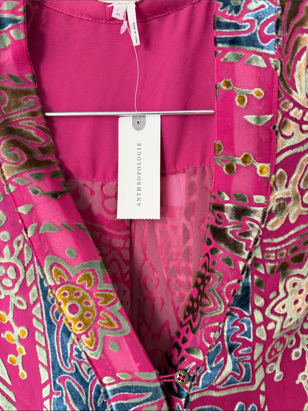 Anthropologie Hot Pink Multicolor Velvet Burnout Blouse